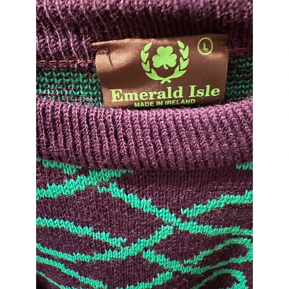 Emerald Isle Mens Purple Green Shamrock Celtic Knot‎ Sweater Made in Ireland L